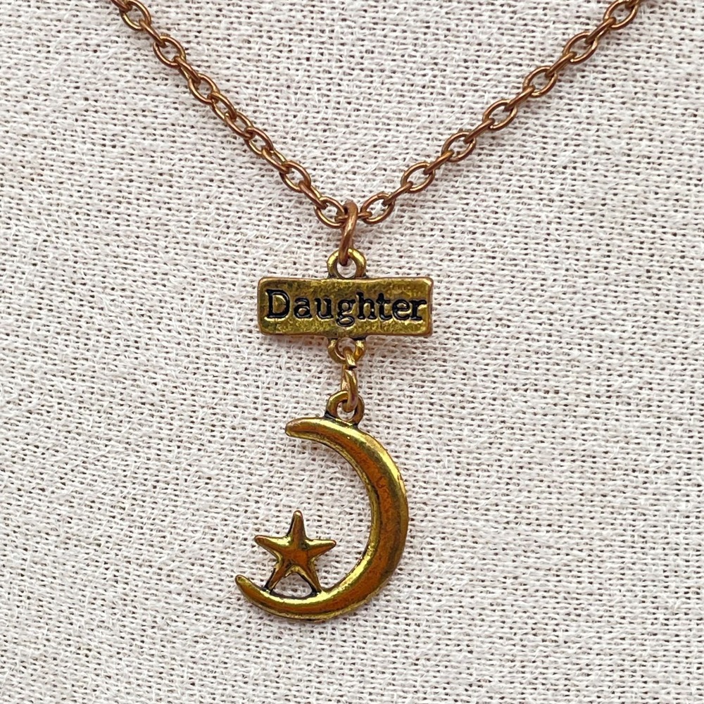 Vintage 90s Y2K Gold Tone Moon & Stars Daughter Charm Necklace Celestial Pendant